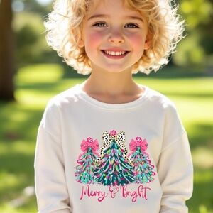 Merry & Bright Christmas Trees T-shirt Girls 2T- XL Custom made White tee Fun